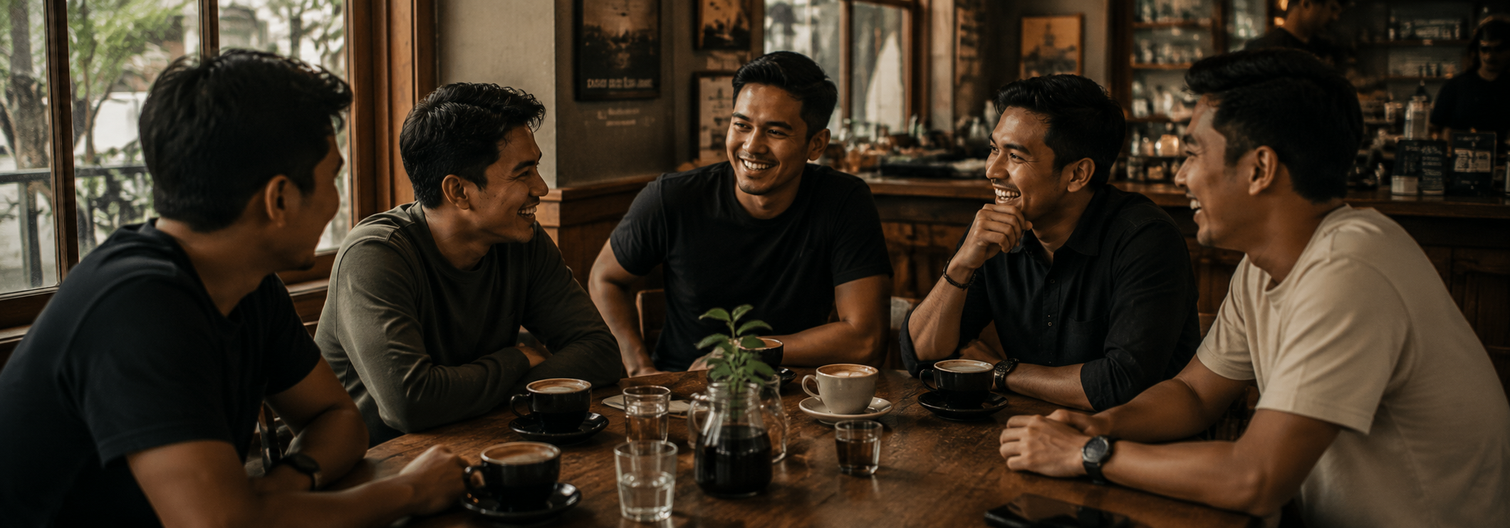 Sekelompok pria Indonesia mengobrol santai sambil minum kopi di kedai kopi lokal
