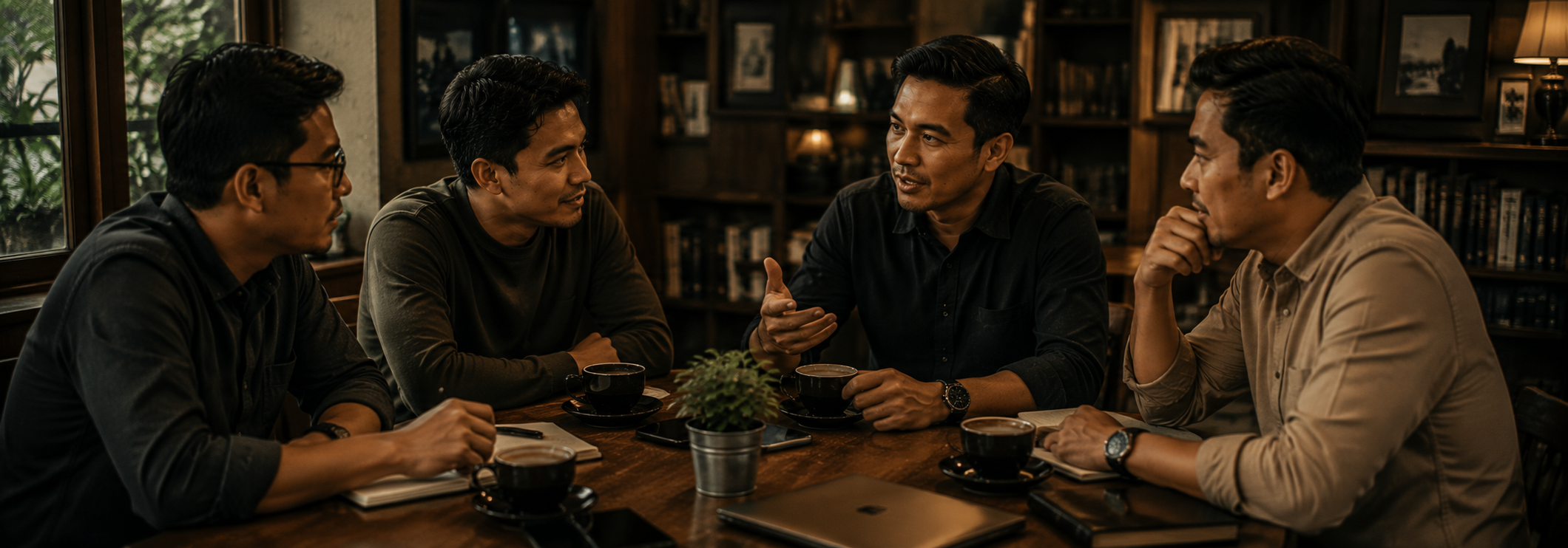 Pria dewasa Indonesia berdiskusi serius dengan kopi di meja kayu, ekspresi terbuka dan akrab